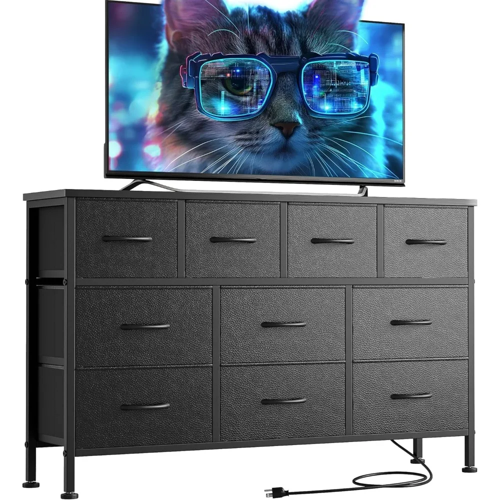 

10 Drawer Black Dresser for Bedroom, Dresser TV Stand with Power Outlet, Entertainment Center Chest of Drawers for 55'' Long TV