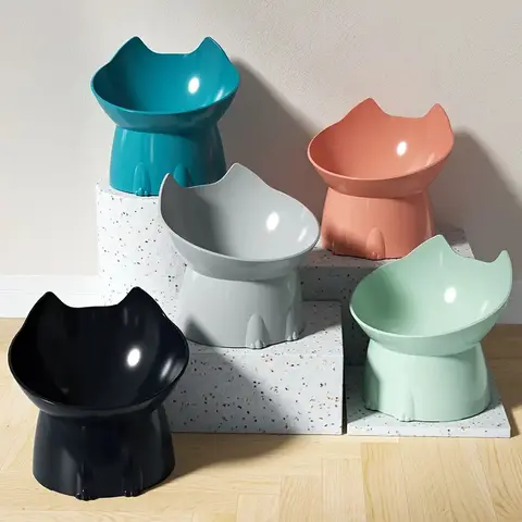 1pc WhiskerWare 높은 고양이 그릇, 기울어 진 가장자리가있는 팁 방지 플라스틱 제기 애완 동물 먹이 접시, 목 보호 키티 식품