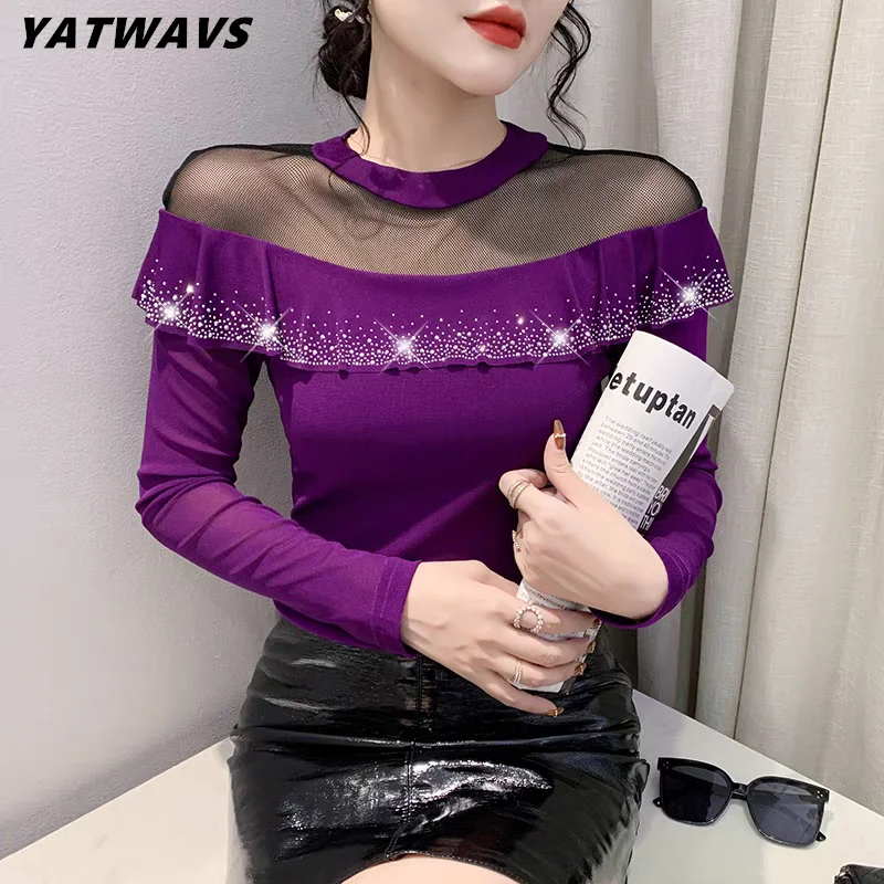 용수철 여성용 긴팔 티셔츠, 반짝이는 프릴 다이아몬드 상의, 섹시한 원근법 메쉬 티셔츠, 패션 의류, 2025 신상