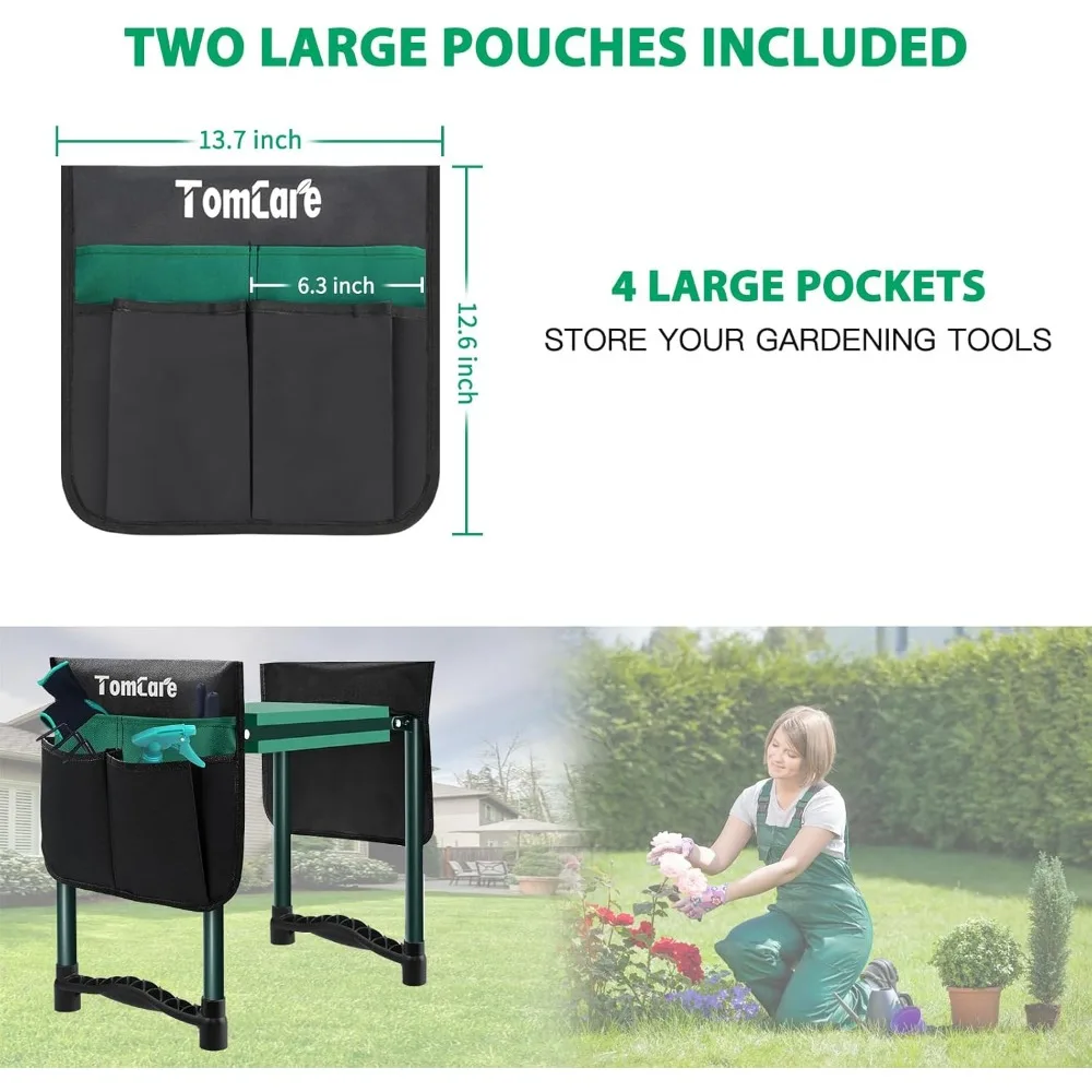 Foldable Garden Kneeler Seat with 10.64" Wide Soft Pad, 400lb Capacity, Tool Pouches & Non-Slip Feet