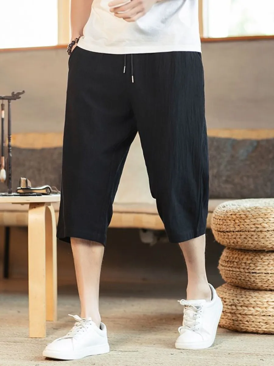 Men's Linen Cotton Five-Seven Pants Summer Casual Loose Straight Leg Beach Trousers Comfortable Breathable Natural Waist