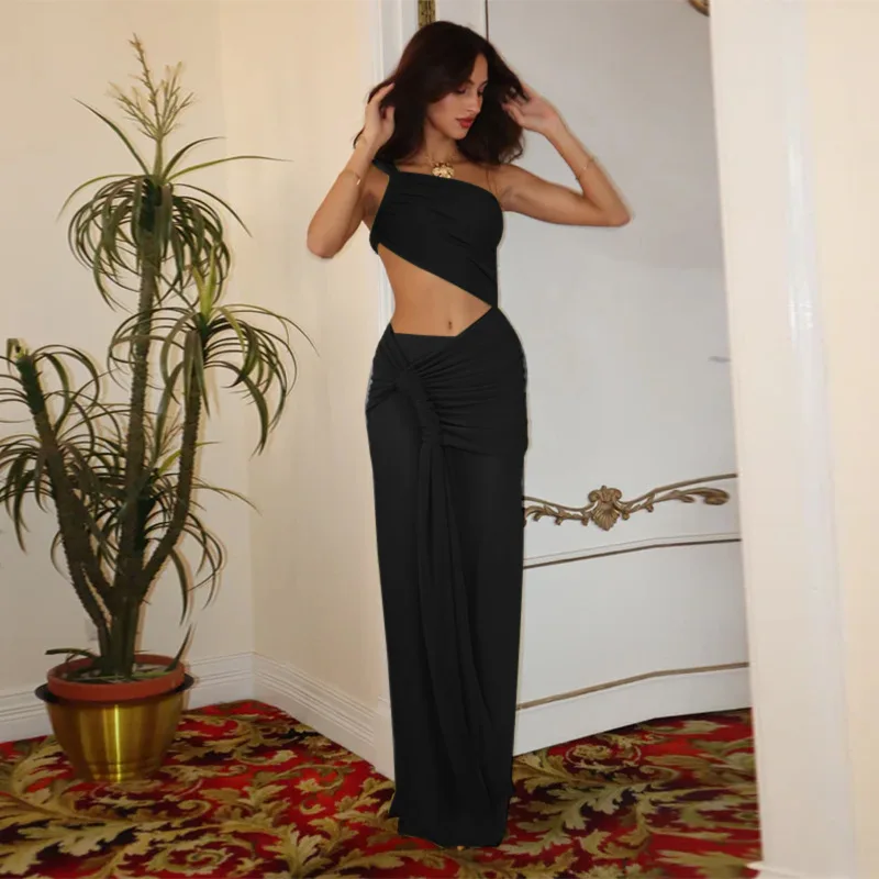 อารมณ์เซ็กซี่ SLIM FIT สัมผัสสะดือสายคล้องไหล่เดี่ยวปิดไหล่ตาข่ายดูผ่าน Twisted Pleat ริบบิ้นผู้หญิงชุด