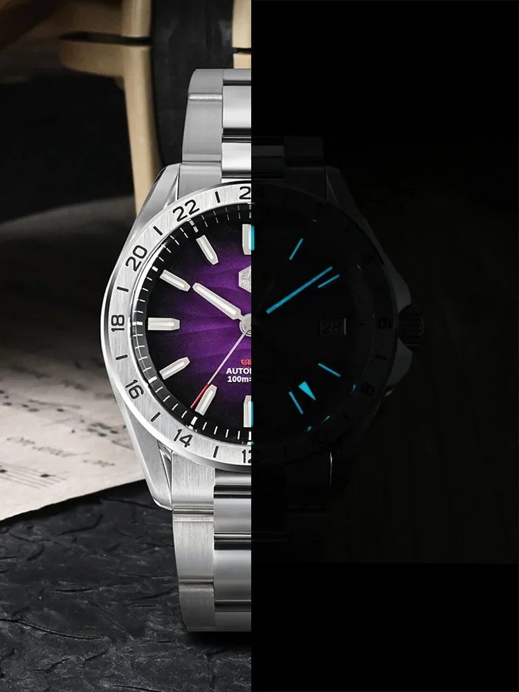 San Martin SN0129 39mm Men Dive Watch NH34 GMT Automatic Mechanical Waterproof 100m Sapphire Purple Desert Texture Dial Watches