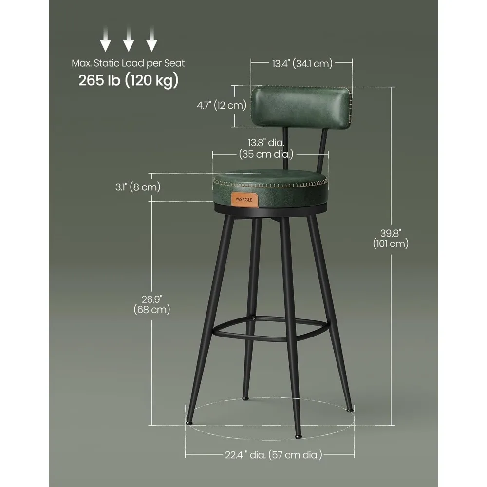 Bar Stools Set of 2,Bar Height Swivel Bar Stools with Back, Synthetic Leather Mid Century Modern,30-Inch Tall,Forest Green