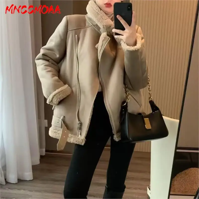 

MNCCMOAA-Double Sided Biker Jacket for Women, Loose Thick Coat, Zipper, Warm Outwear, High Quality, Winter Fashion, 2024