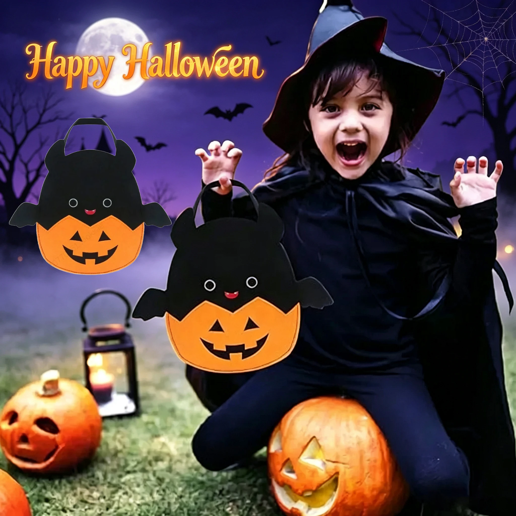 Premium Bat Pumpkin Halloween Candy Basket Cute Felt Tote Bags Trick or Treat Bag for Kids Gift Goodie Party Favors Set
