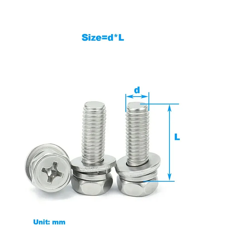 Cross Triple Screw 304 Stainless Steel External Hexagonal Concave Bolts M3 to M10