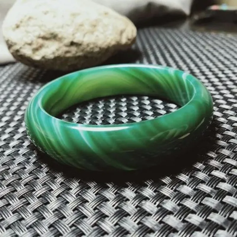 Agate bracelet Female green agate chalk bracelet Wide strip bracelet jade stone