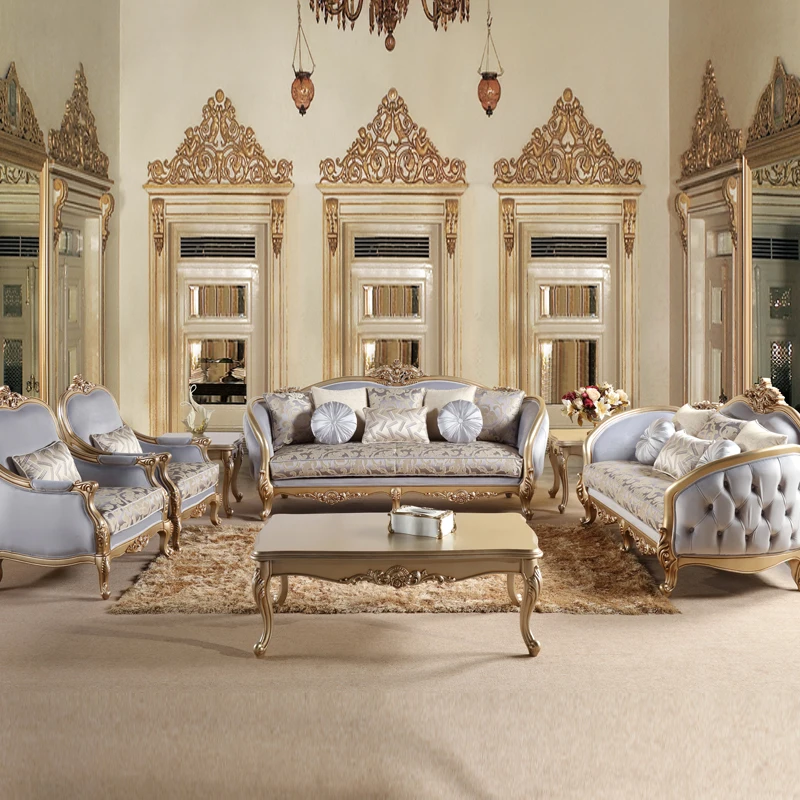 

Simple European champagne gold sofa combination European luxury French palace villa embroidered fabric living room furniture