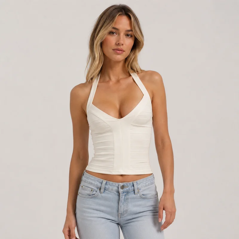 Women's Tank Top Halter Top Deep V Neck Ruched Slim Fit Crop Top Black Top or White Top Y2K Summer Tops for Women