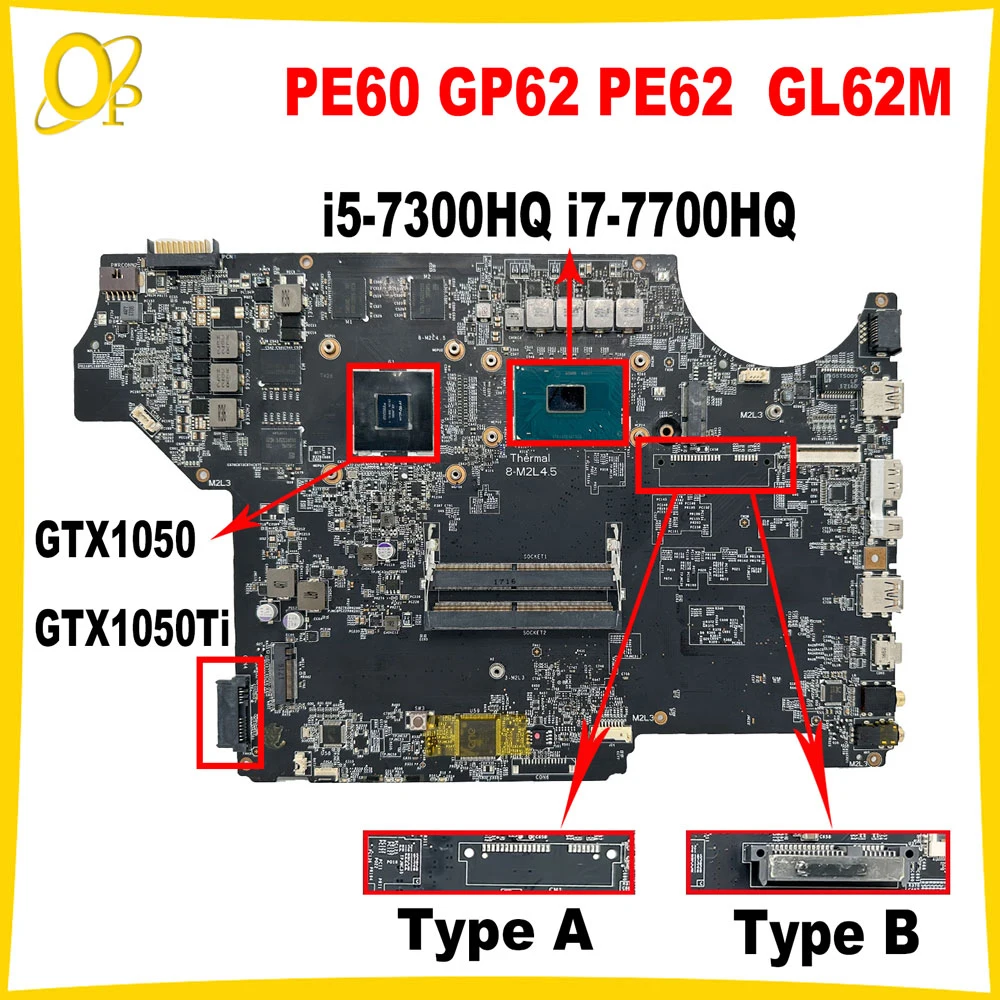 

MS-16J91 for MSI MS-16J9 GL62M PE62 GP72M GP62M PE60 GP62 laptop motherboard i5-7300HQ i7-7700HQ CPU GTX1050/1050Ti 4G GPU DDR4