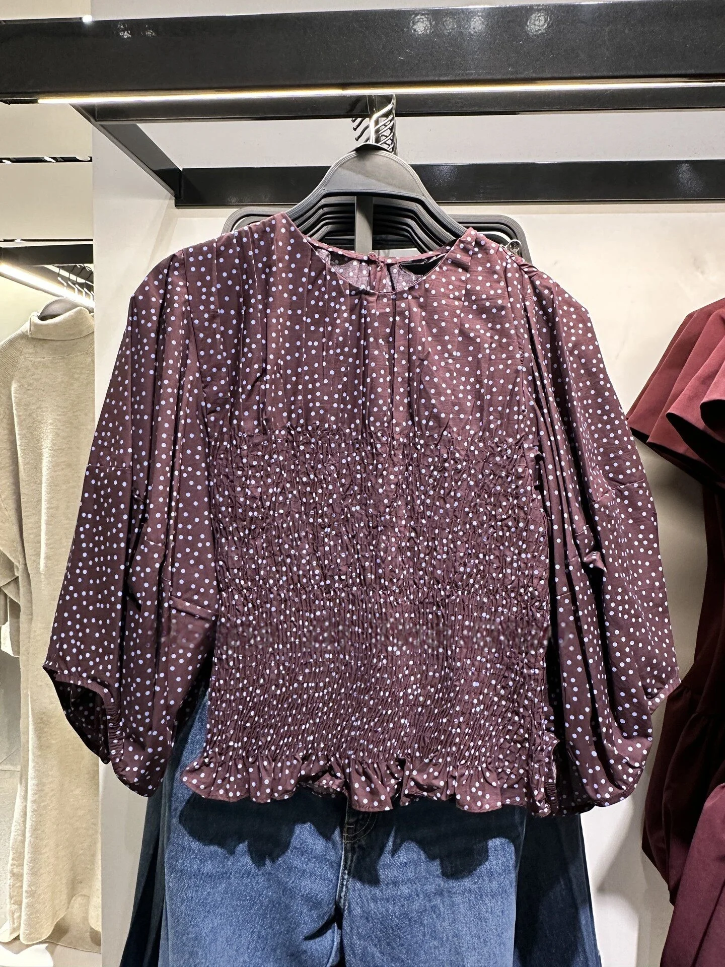 

2026 new women's round neck six quarter sleeve polka dot printed elastic honeycomb grid pullover shirt top