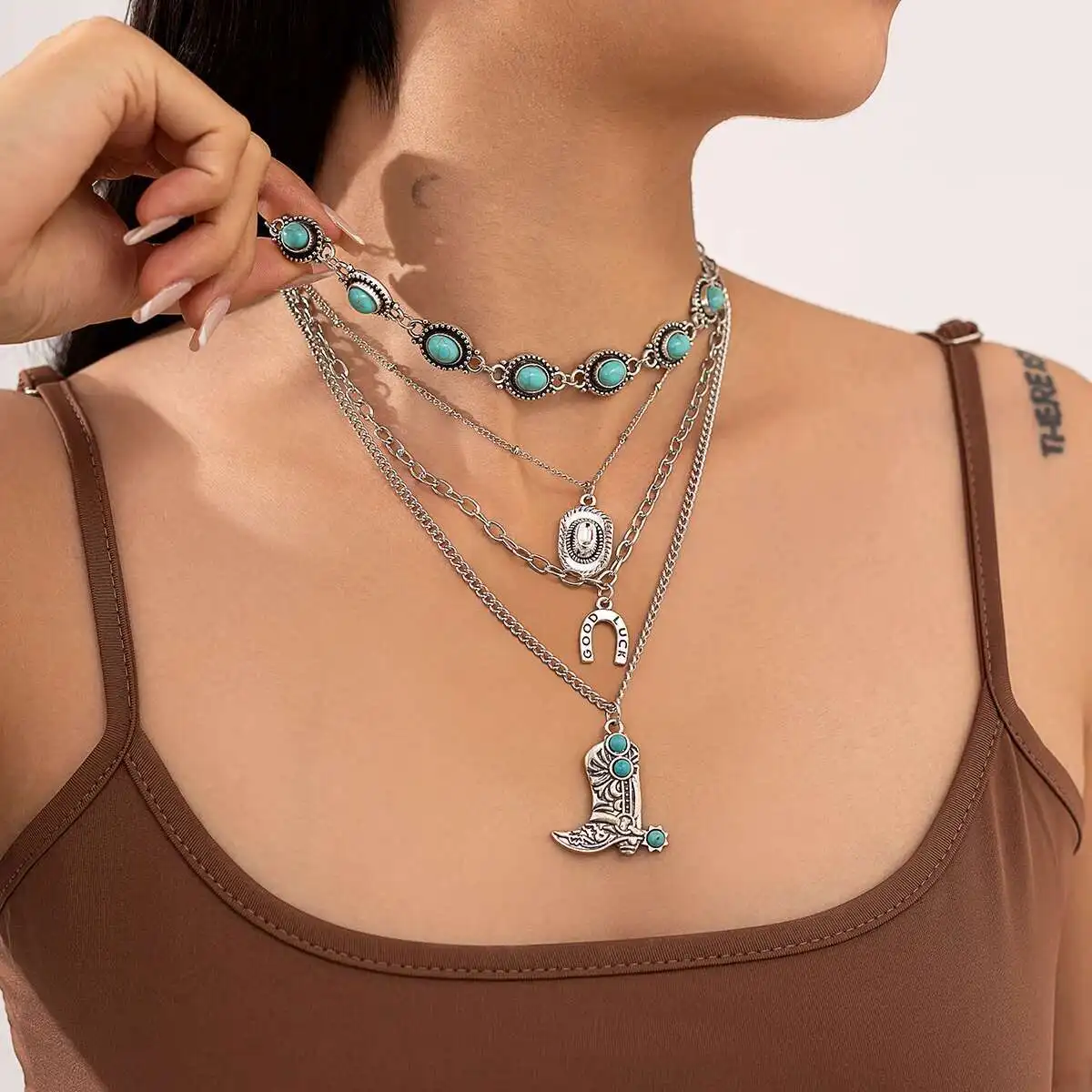 IngeSight.Z 4Pcs/Set Vintage Green Stone Chain Necklace for Women Bohemian Cowboy Hat Boots Clavicle Choker Neck Jewelry New