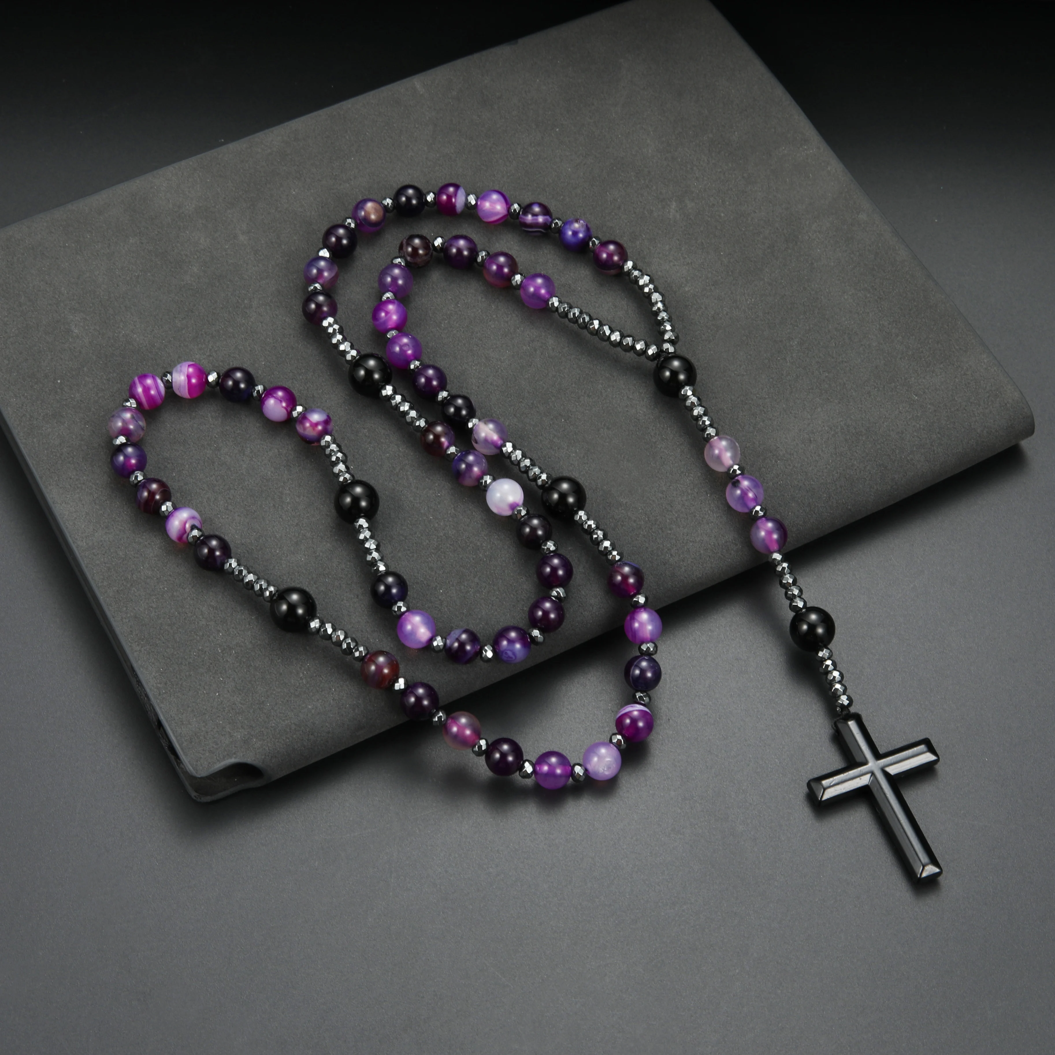 Collier chapelet avec pendentif croix en perles rondes violettes et vertes, pierres précieuses à la mode, cadeau de prière pour hommes et femmes
