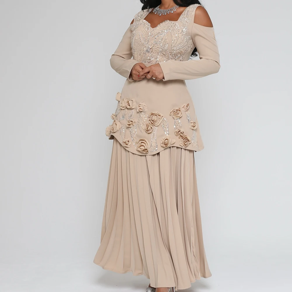 

Customized A-line Evening Dresses Ankle-length V-neck Full Sleeve Prom Gown Fashion Flowers Sequined Simple Draped Party Gown