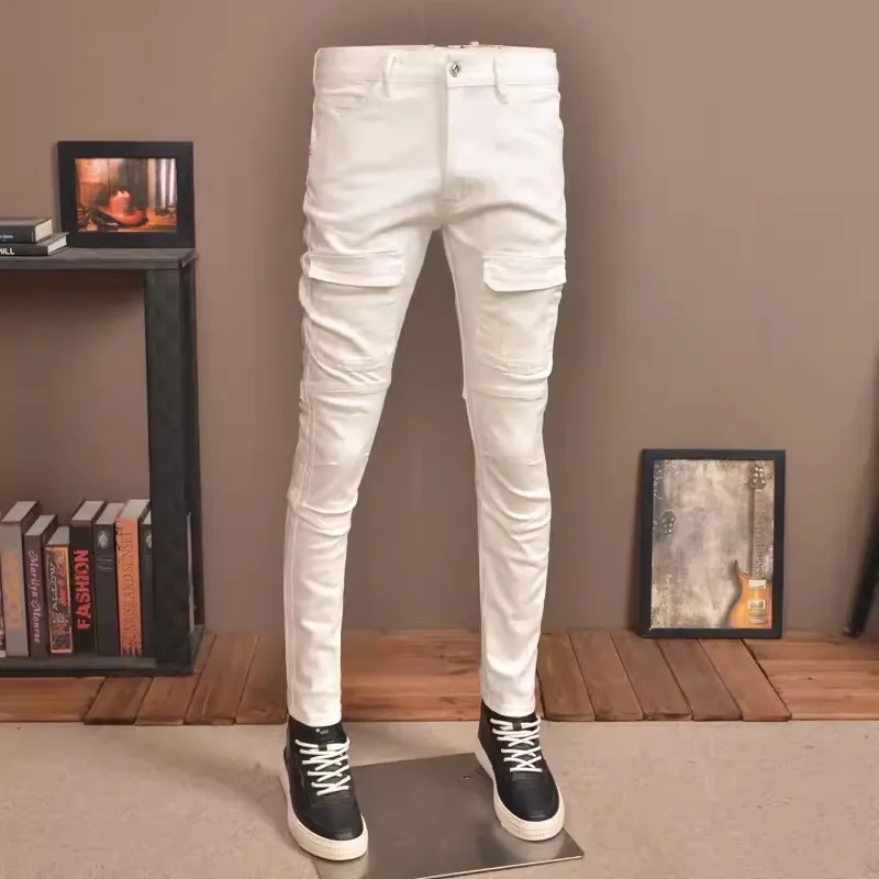 Streetwear Fashion Men Jeans White Stretch Skinny Fit Hip Hop Jeans Men Multi Pockets Designer Casual Denim Cargo Pants Hombre