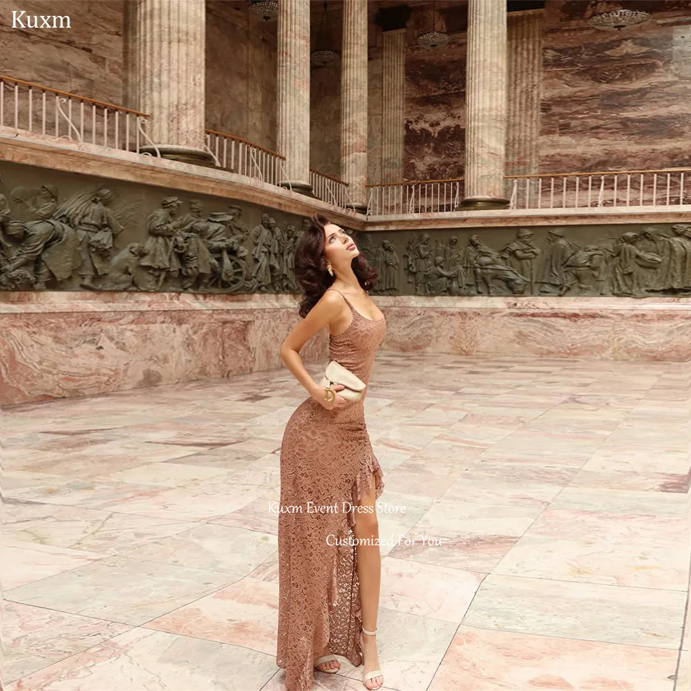 Kuxm Strapless High Low Evening Dress Spaghetti Strap Lace Appliques Wedding Guest Gown Backless платье женское Customized