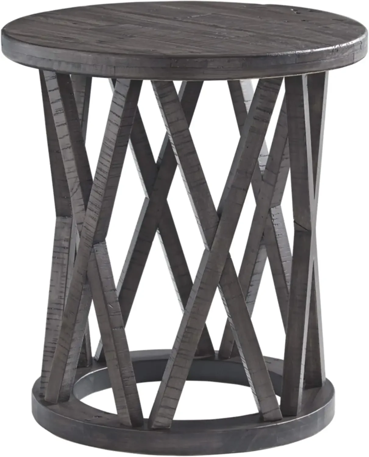 Rustic Round End Table Made of Solid Pine Wood, Gray with Weathered Finish