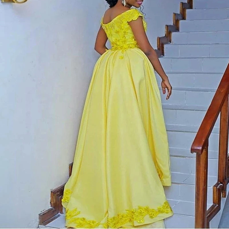 Yellow Off Shoulder Mermaid Bridesmaid Dresses Applique Lace Beads Detachable Train Long Wedding Party Dress Customized