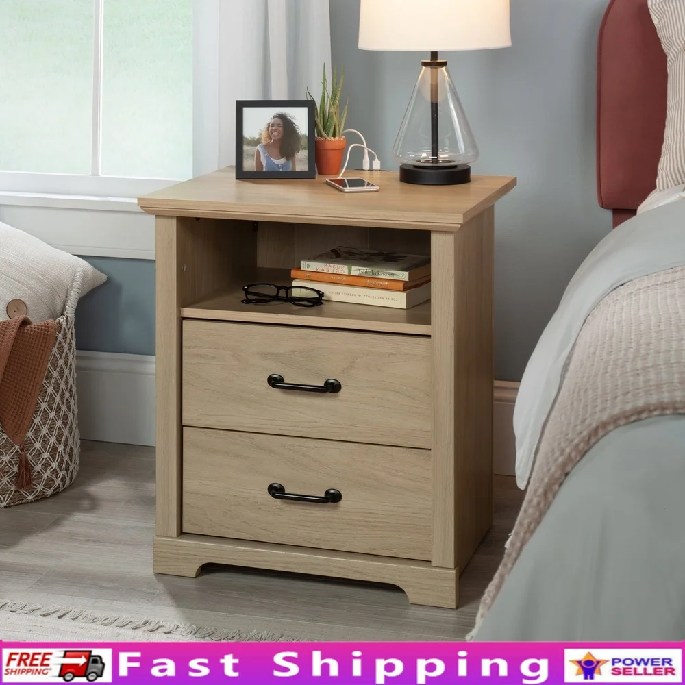 

Drawer Nightstand with USB Ports Open Shelf Bedside Table Smooth Runners Safety Stops Home Storage Solution