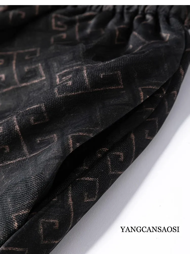 Breathable Cool 100% Natural Mulberry Silk Jacquard Gambiered Guangdong Gauze Elastic Waist Women's Loose Fashion Harun Pants