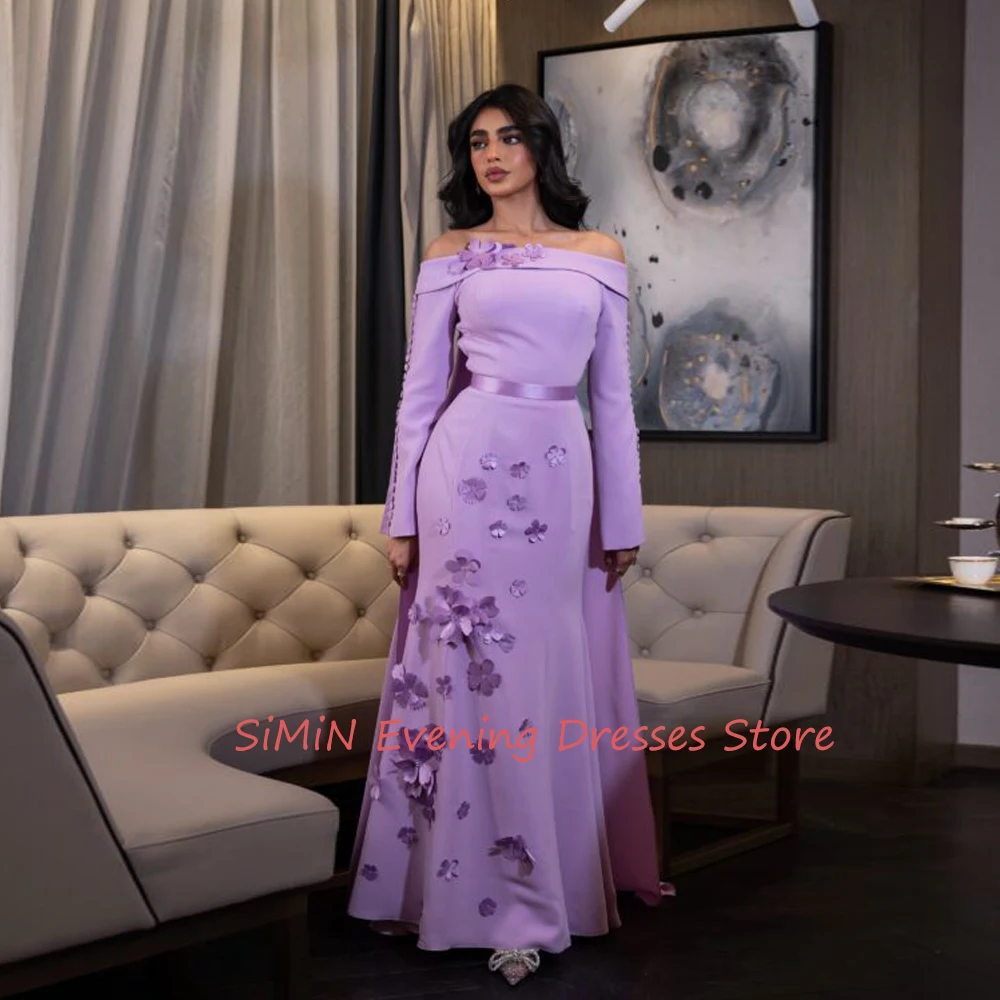 

Simin Saudi Off-the-shoulder A-Line Simple Flower Sash Button LongSleeves Floor-Length Arab Evening Party dresses for women 2024