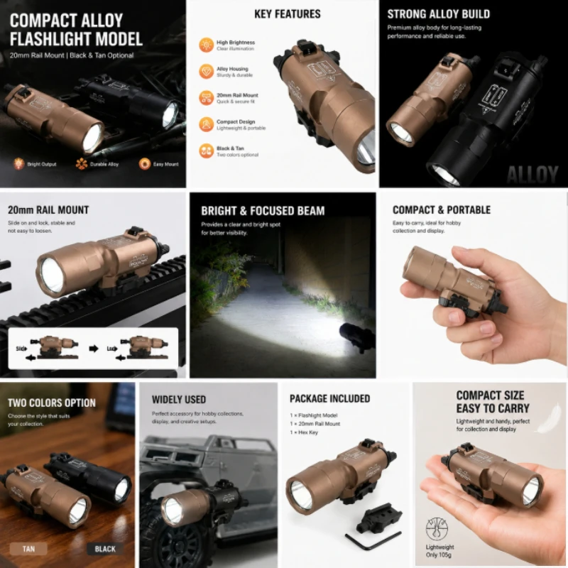 Style Alloy Flashlight Hobby Component, Quick‑Install Rail Base, Durable Decorative Lighting Model for DIY Collection Projects