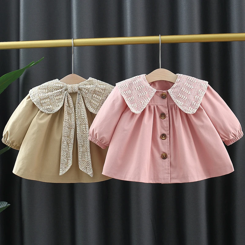 Spring Autumn Baby Girls Jacket Windbreaker Sweet Lace Bow Lapel Little Princess Coat Birthday Party Gift 0-3 Years Kids Clothes
