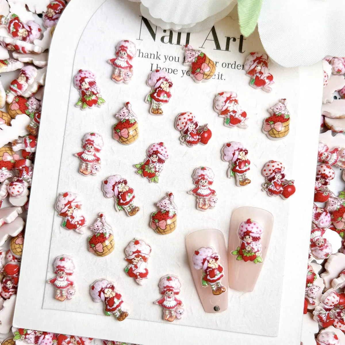 30PCS Simulated Cartoon Cute Strawberry Girl Resin Nail Charms 3D Creative Sweet Strawberry Cat Nail Art Decorations DIY Nails