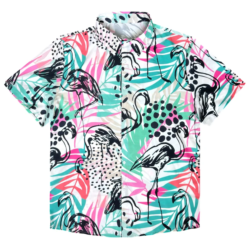 Tropical Flamingo Print Short Sleeve Shirt Stylish Hawaiian Collar Casual Top Beachwear For Summer Vacation Vibrant polo for