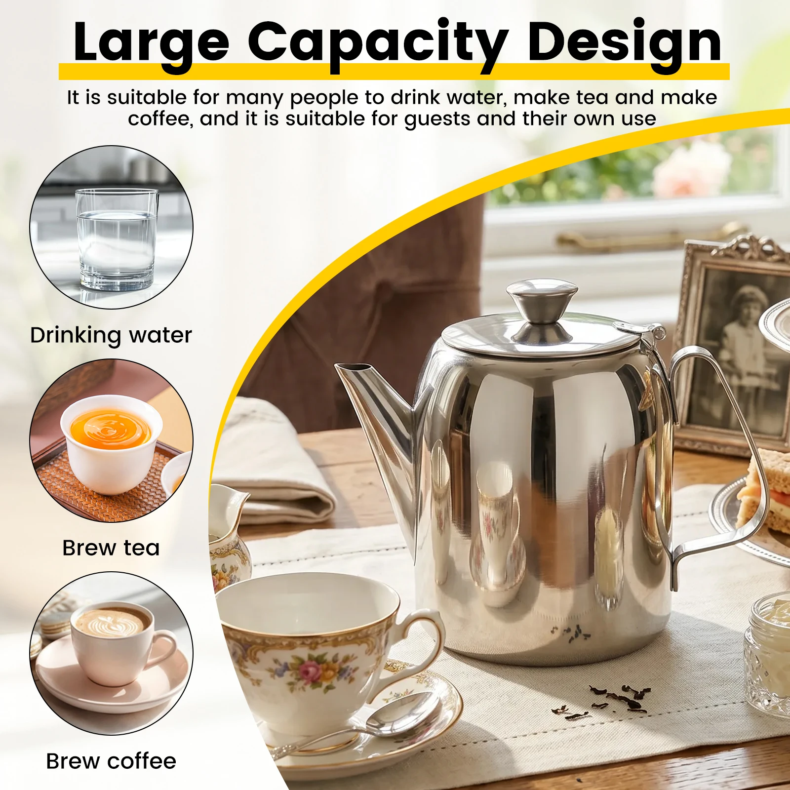 Stainless Steel Tea Pot 560/900 ml Large Capacity Stovetop Coffee Kettle Cold Water Pot with Non Drip Spout for Induction Gas - view 5