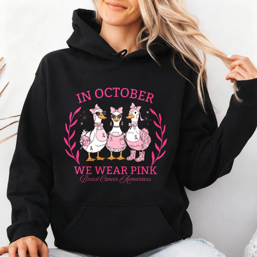 Pink Ribbon Duck Graphic Sweatshirt Breast Cancer Awareness Printing Hoodies Breast Cancer Support Y2k Streetwear Pullovers