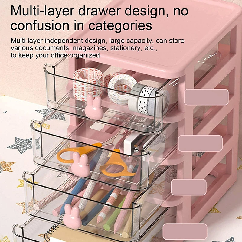 Cartoon Desktop Storage Box Transparent Pink Drawer Desk Plastic Mini Storage Box Rabbit Stationery Makeup Organizer