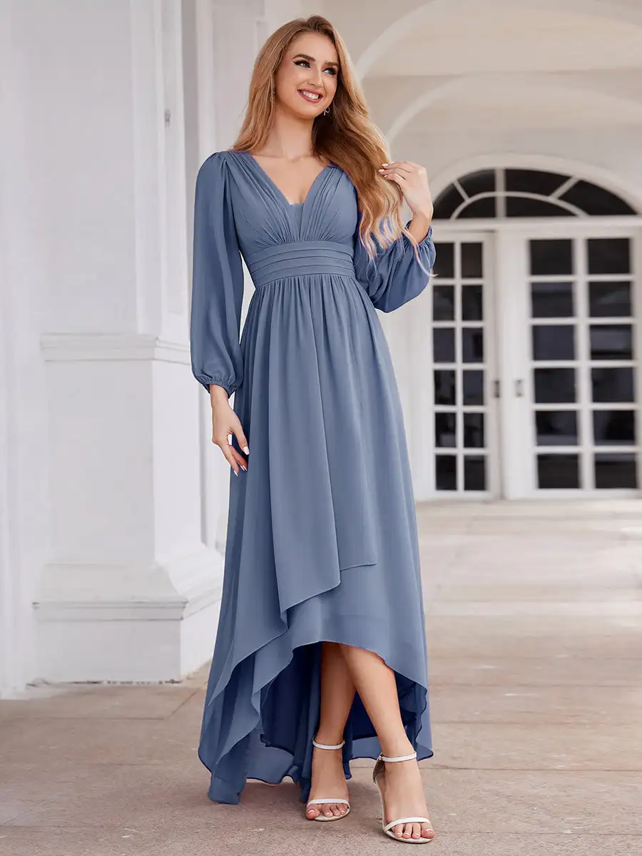 Elegant Evening Dresses V-neck Long Sleeves Hide zipper Floor Length 2025 Ever Pretty of Chiffon Dusty Blue Bridesmaid Dress