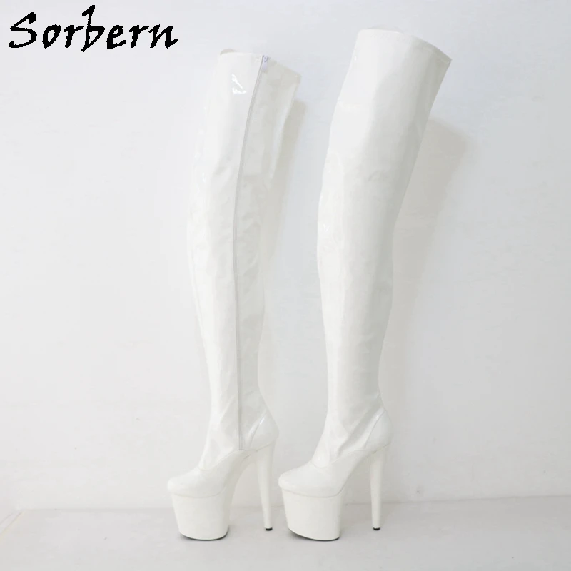 Sorber White Glossy Pole Dance Boots donna 73-82cm cavallo coscia alta 20Cm tacco spogliarellista scarpa con piattaforma spessa lunghezza