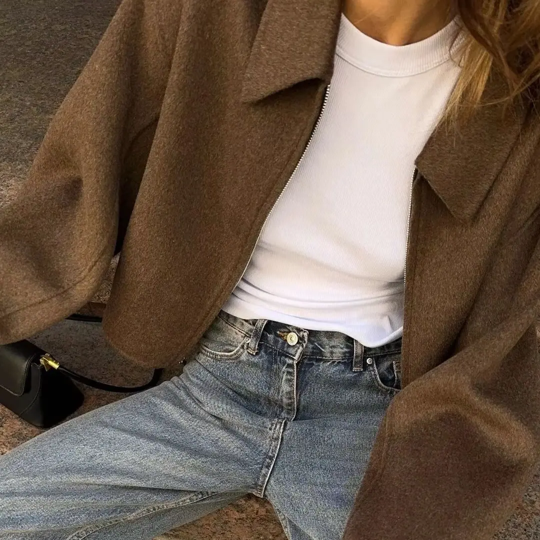 

Vintage Brown Zip-Up Jacket Women's Long Sleeve Cropped Euro-Chic Autumn and winter Fall Transitional Textured Wool Blend Coat