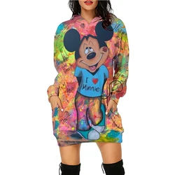 New Disney Series Mickey Mouse Minnie Hoodie Print Hooded Sweater Dress Casual Street Style Ladies Warm Sweater Dress