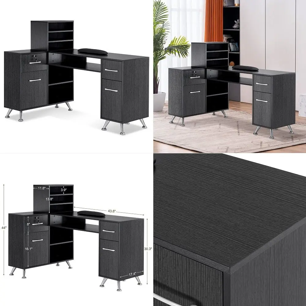 

Manicure Table with LED Light, LShaped Glass Top Nail Tech Table w 2 Storage Shelves, Upwards Cabinet Door, Corner Nail Station