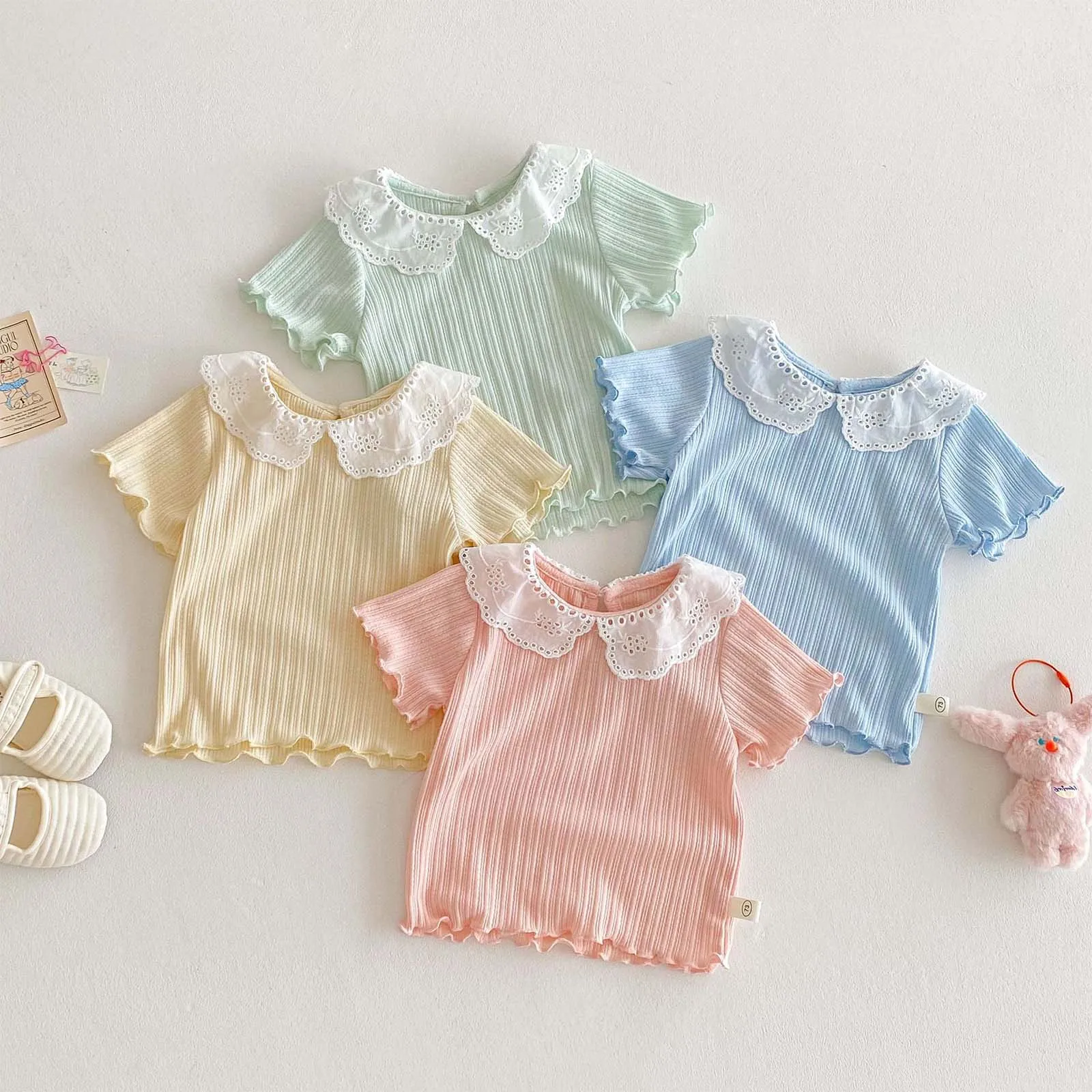 

Baby Girls Sweet T-shirt Top Summer Clothes Short Sleeve Floral Round Collar Curly Hem Tops Children Outfits Holiday Daily Wear