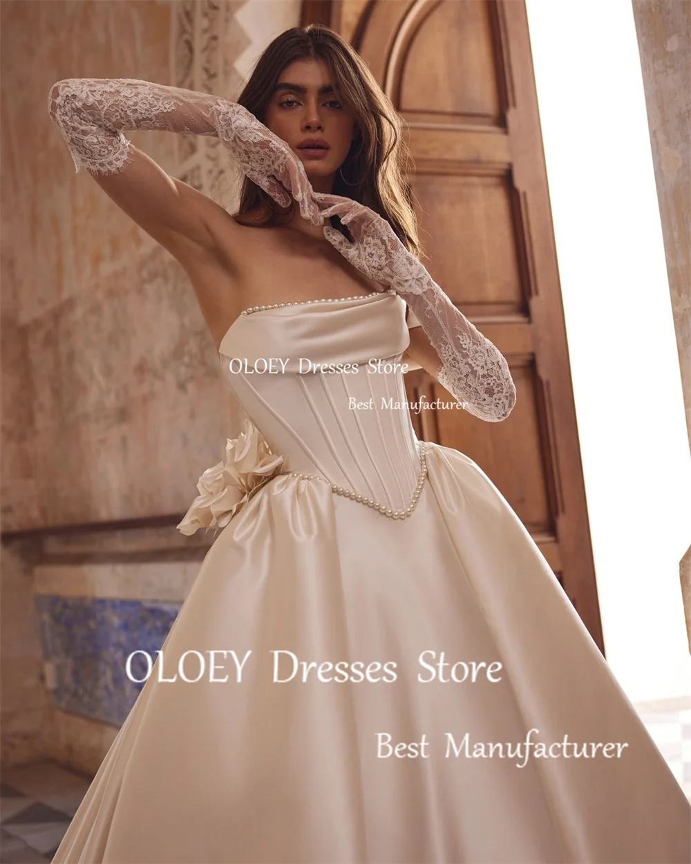 OLOEY Elegant Pleats Strapless Wedding Dresses with Lace Gloves A Line Bridal Gowns Pearls Flowers Floor Length Customized