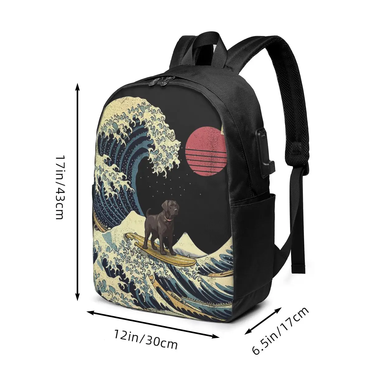 Black Labrador Beach Surfing Backpack Travel Notebook Bag Computer College Student School Bag Laptop Shoulder Bags for Men Women