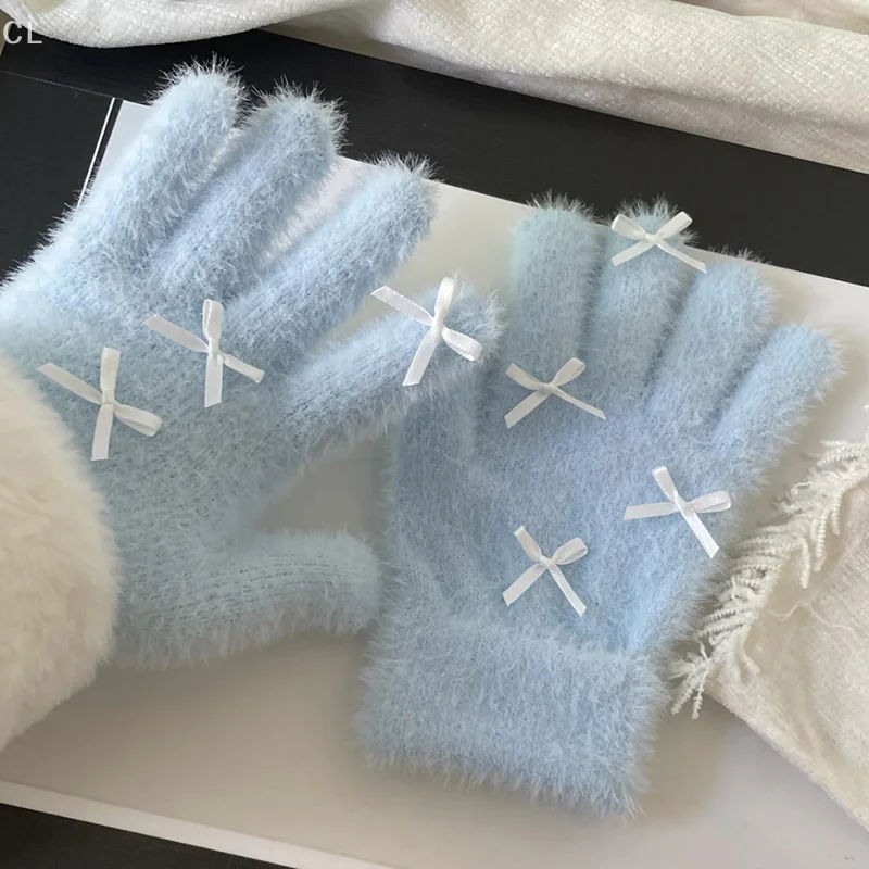 قفازات شتوية ساحرة بلون سادة للنساء؛ قفازات لطيفة على شكل فيونكة للفتيات #5