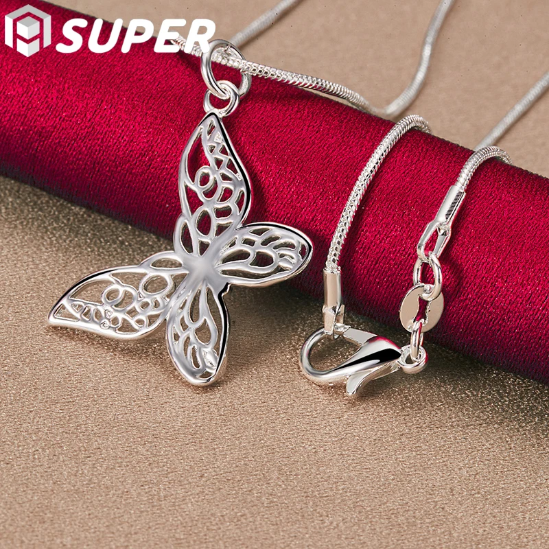 

925 Sterling Silver 18/20/22/24/28/30 inch Snake Chain Butterfly Pendant Necklace For Women Wedding Engagement Jewelry