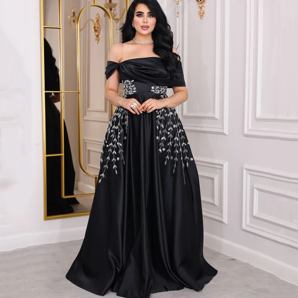 

Customized Simple Black Satin Women Evening Gown Off the Shoulder With Sequined Appliques A-line Floor Length Luxury Party Dress