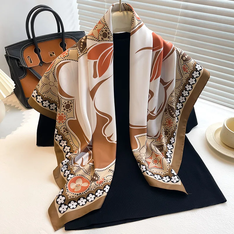 Luxuriöser quadratischer Seidenschal, koreanische Mode, Seidenschal mit Hasenmuster, Damen-Hijab, Halstuch, Sonnenschutz-Schal, 90 cm.
