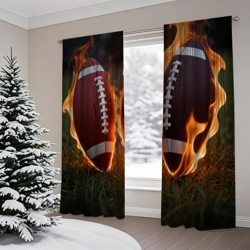 American Football Curtain, Burning Fireball Window Drape, Sports Man Cave Blackout Panel, Game Day Bedroom Decor