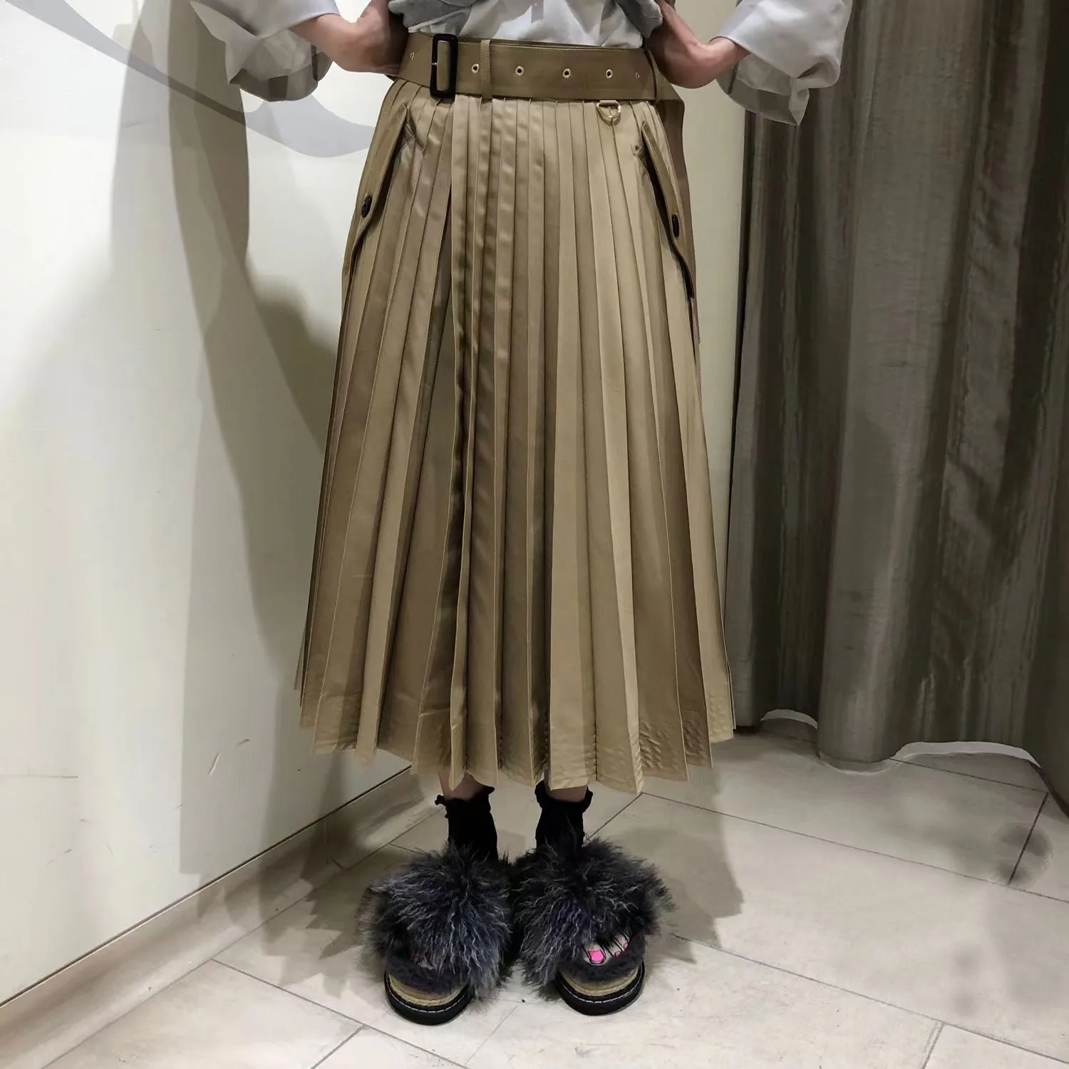 กระโปรงจีบ 2024 ฤดูใบไม้ผลิ/ฤดูร้อนใหม่เอวสูงเอวLace-Up Patchworkเข็มขัดจีบกระโปรงY2k