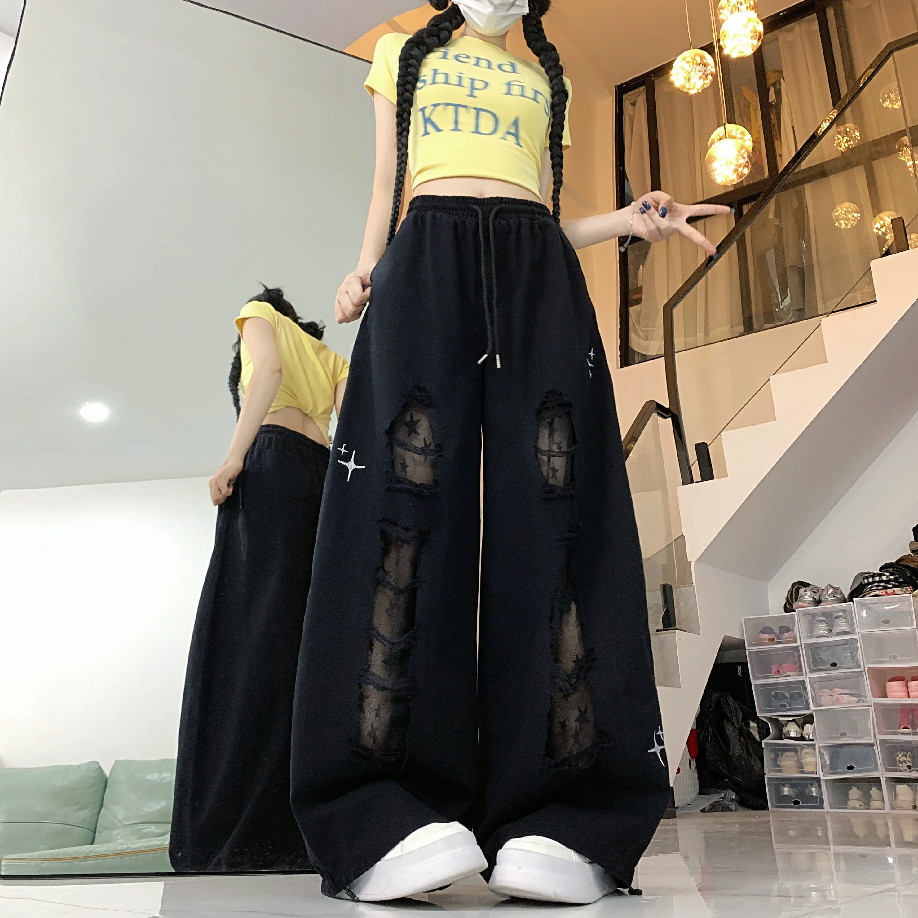 

Street Dance Trendy Patchwork Hole Denim Jeans Summer New Sle Dancing Jazz Sexy Casual Straight Leg Long Pants Women
