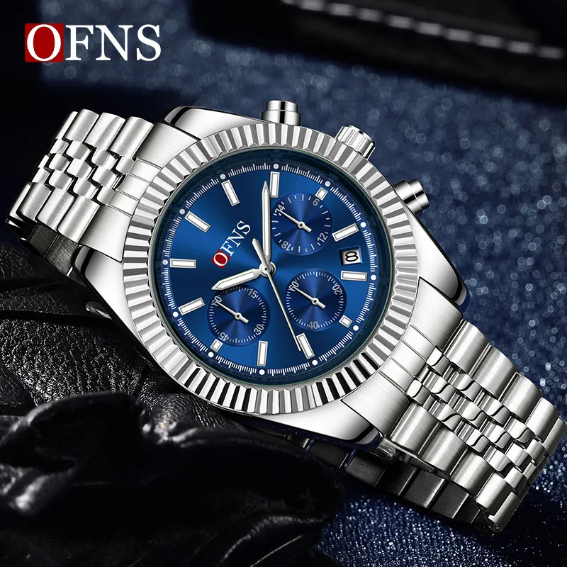 

OFNS1526 Men's Business Quartz Watch with Three Eyes and Six Needles Timer Calendar Waterproof Night Light Gentlemen's Watch