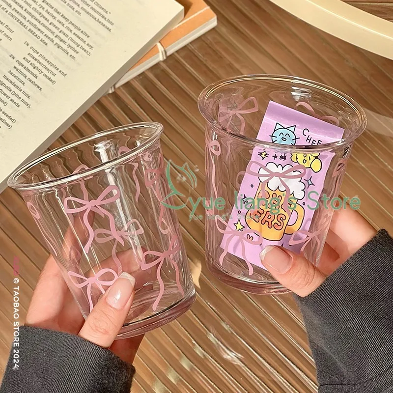 Original French Pink Bow Glass Cup, Bow Flower Cold Extraction Cup, Girl Milk Cup, Latte Coffee Mug, Breakfast Bowl